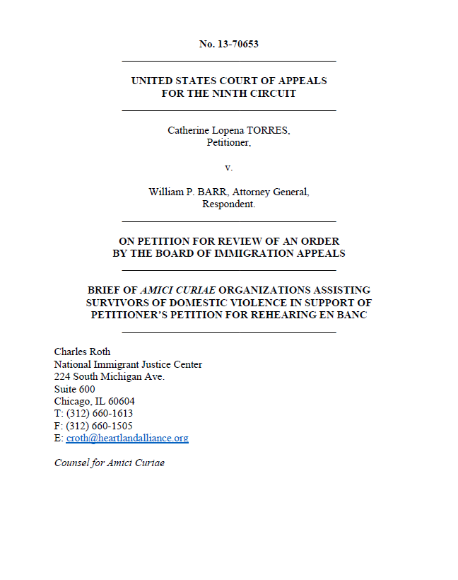 Amicus Brief Filed In Ninth Circuit For The Case Torres V Barr