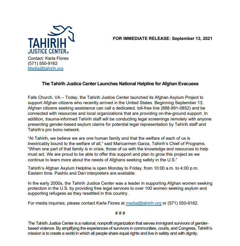 Tahirih Launches Helpline for Afghan Evacuees Tahirih Justice Center